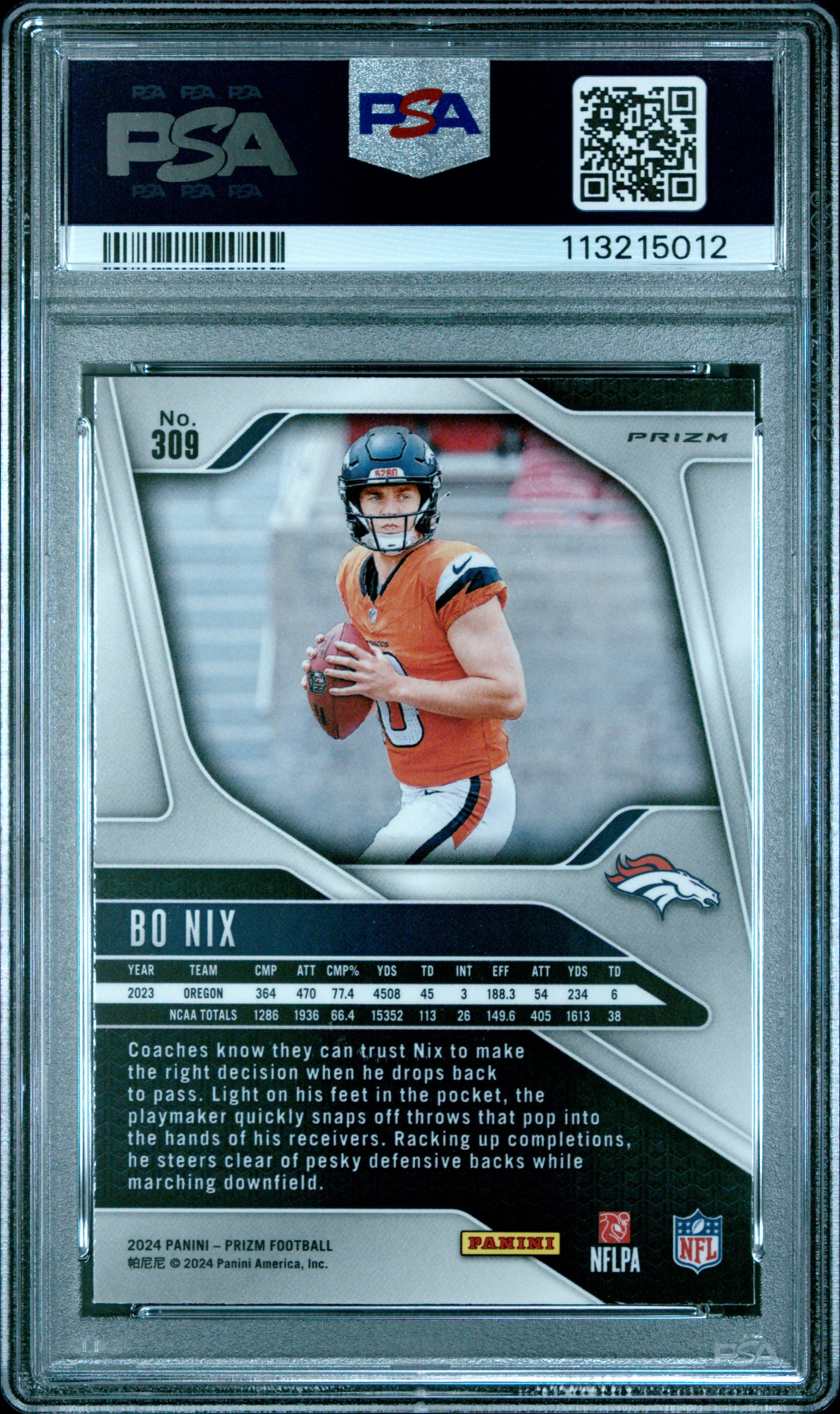 Bo Nix 2024 Panini Prizm Rookie #309 Pink Wave PSA 10 Gem Mint
