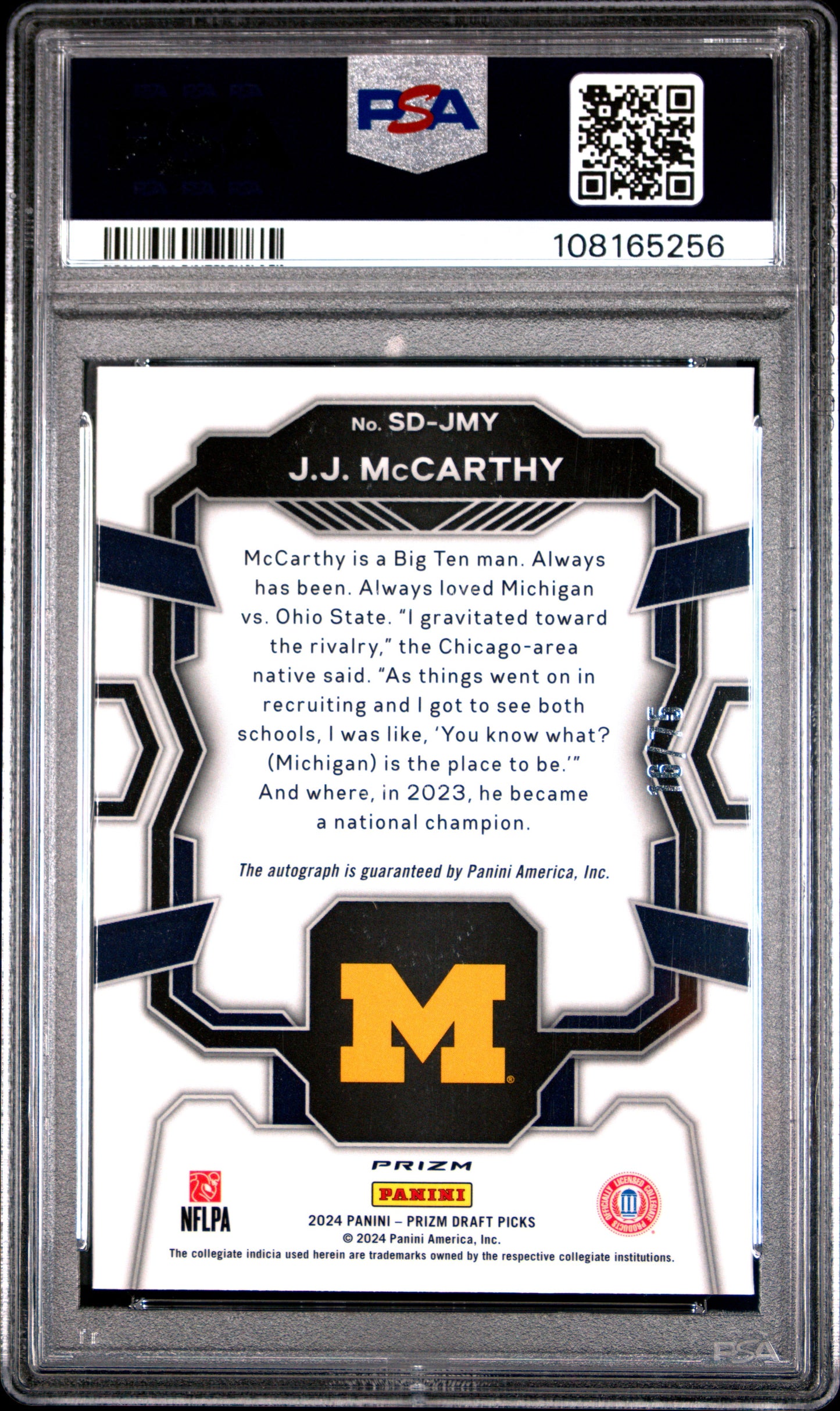 JJ McCarthy 2024 Panini Prizm Draft Picks Signing Day Blue Ice Autograph #16/75 PSA 9 Mint