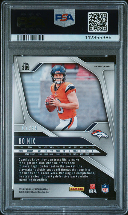 Bo Nix 2024 Panini Prizm Rookie #309 No Huddle Purple #1/49 PSA 9 Mint