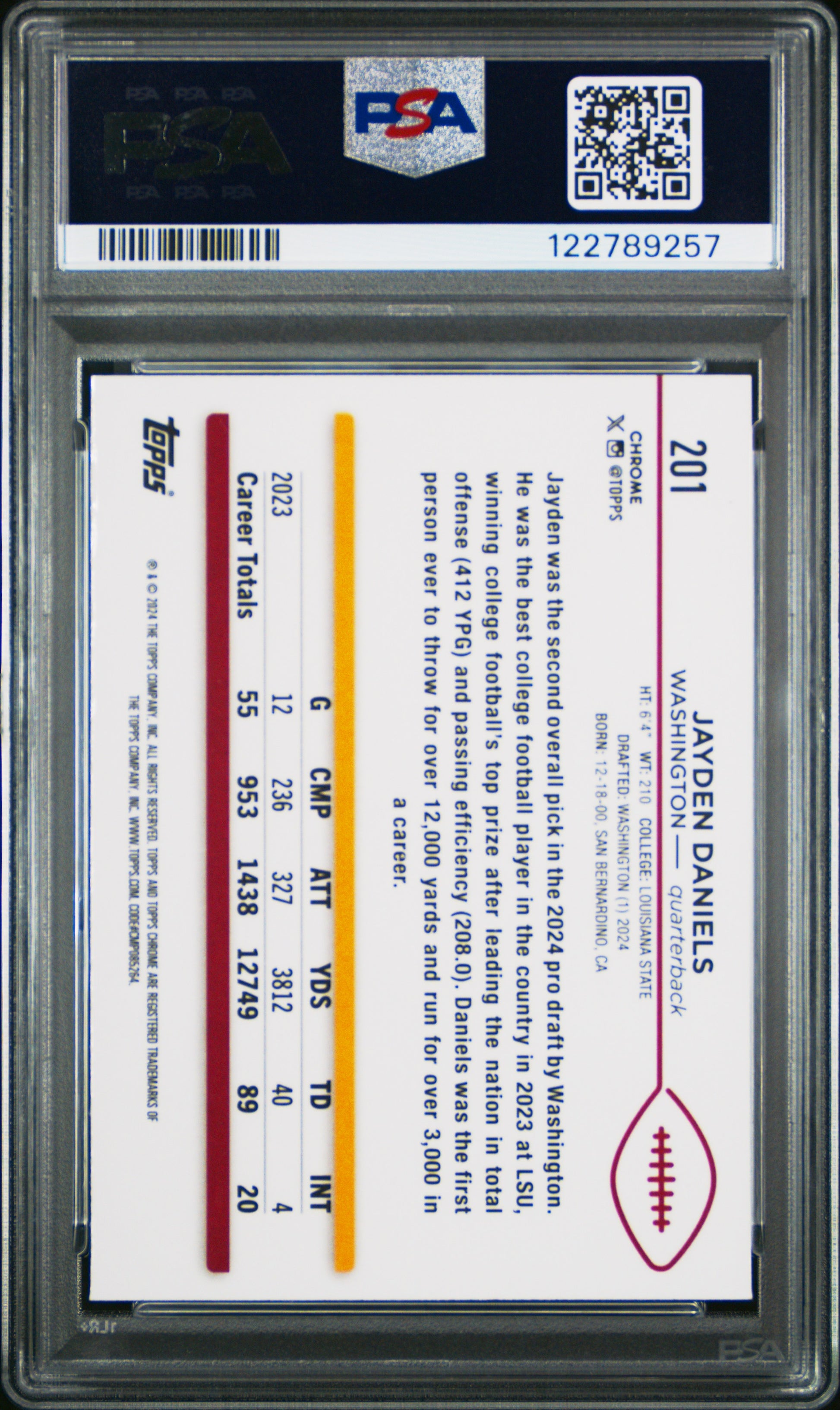Jayden Daniels 2024 Topps Chrome Rookie #201 Negative Refractor PSA 9 Mint