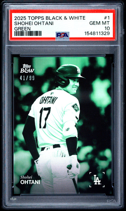 Shohei Ohtani 2025 Topps Black & White #1 Green Parallel #41/99 PSA 10 Gem Mint