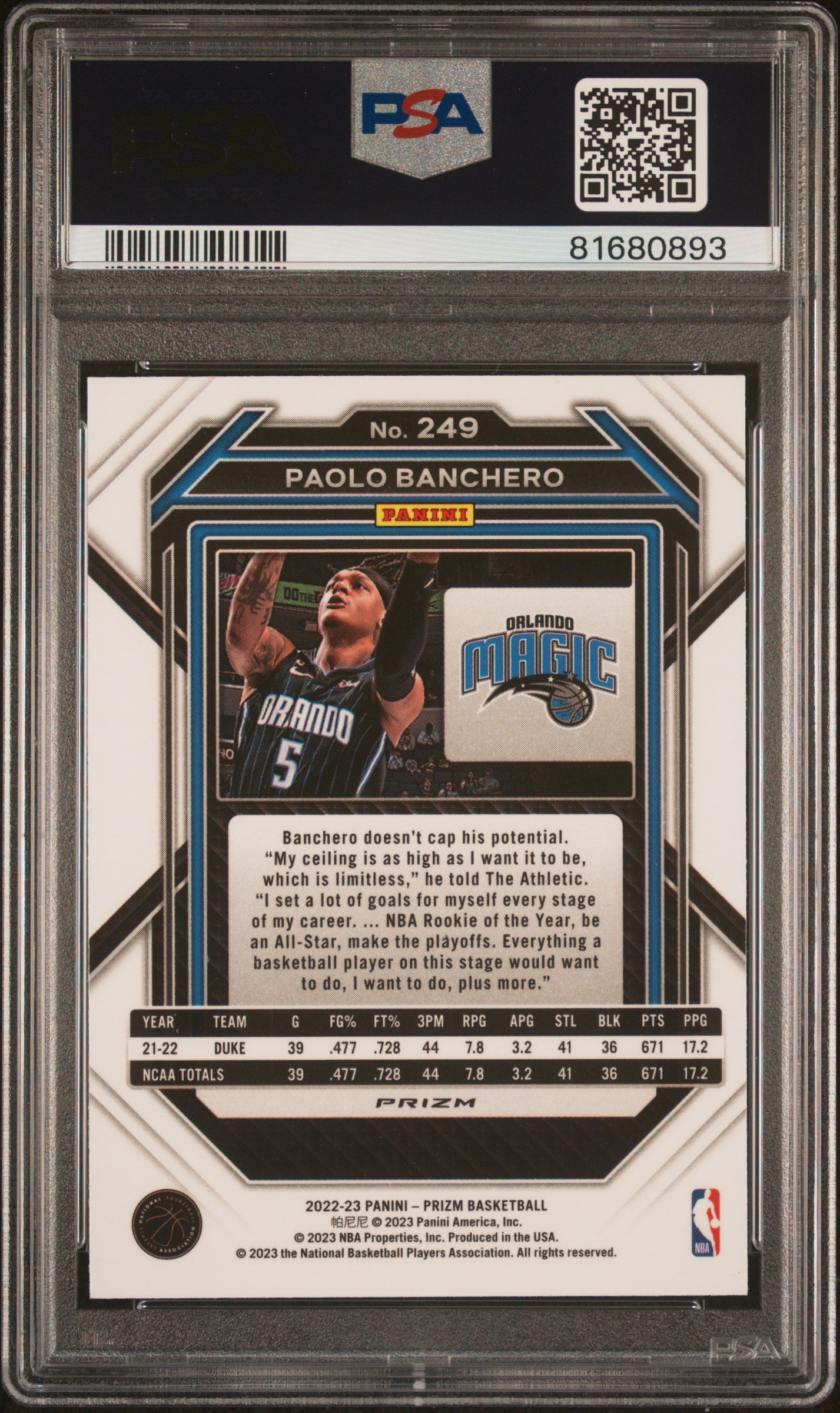 Paolo Banchero 2022 Panini Prizm Rookie #249 Red Ice PSA 10 Gem Mint