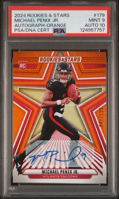 Michael Penix Jr 2024 Panini Rookies and Stars Orange Autograph #41/199 PSA 9 Auto 10