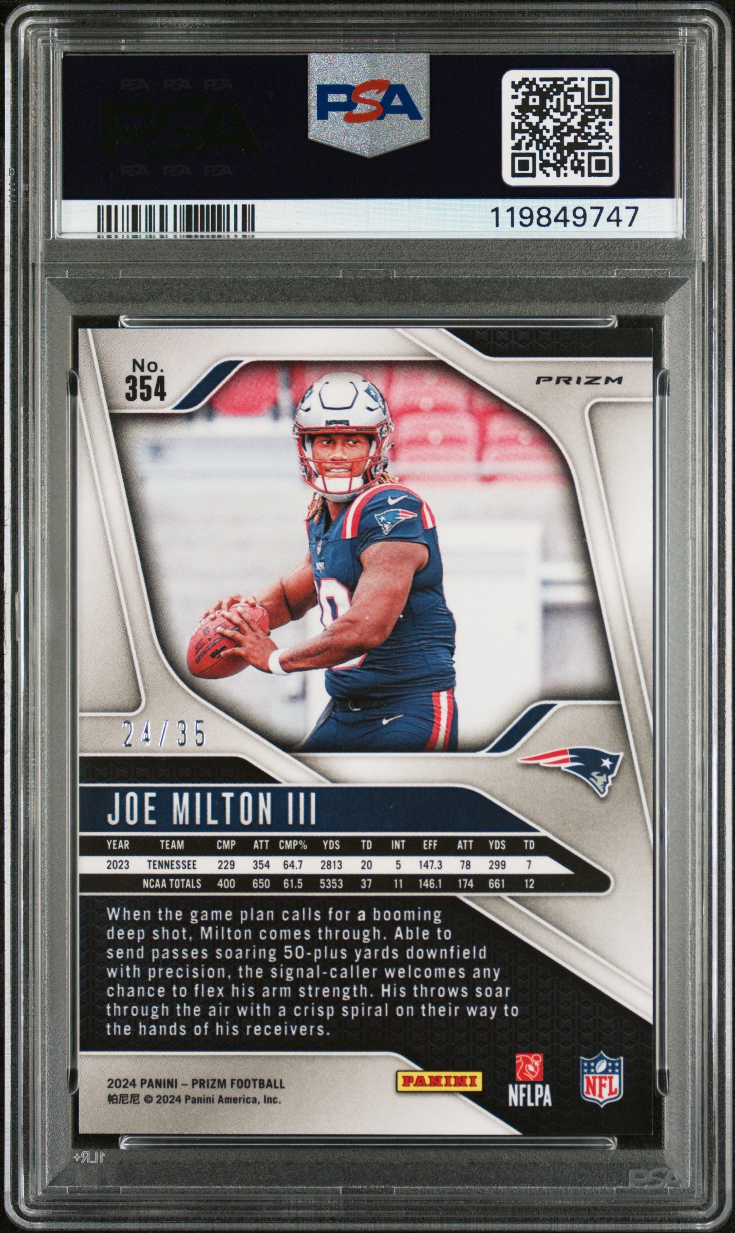 Joe Milton 2024 Panini Prizm Rookie #354 Red Shimmer #24/25 PSA 7 Near Mint