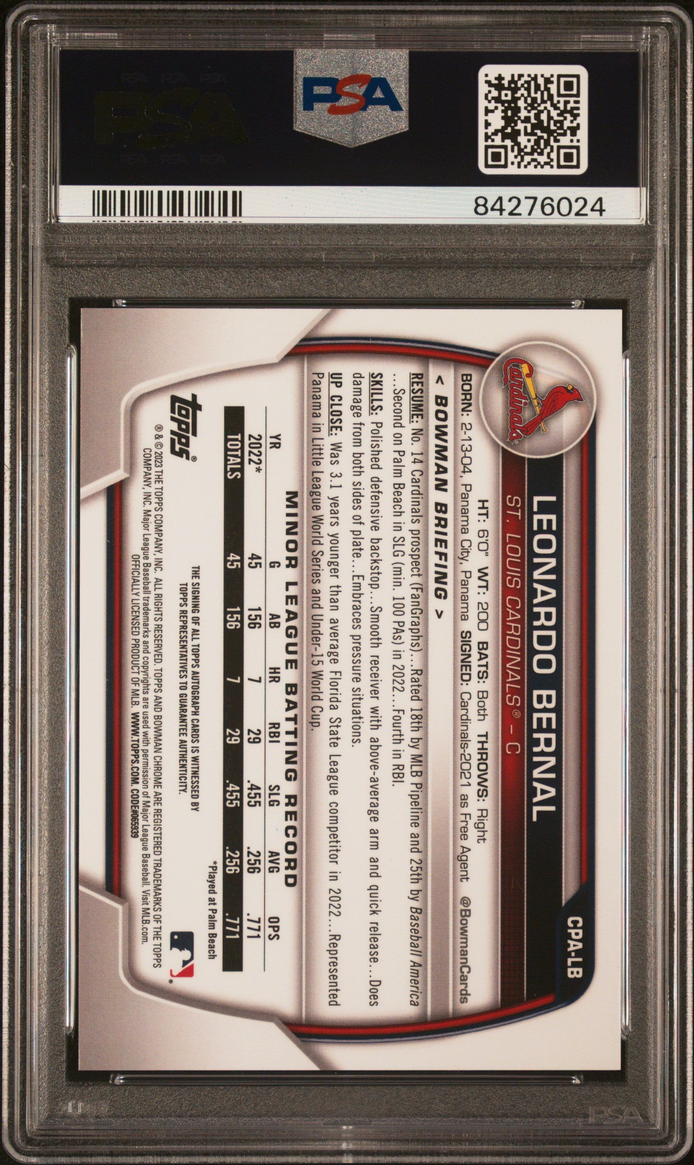 Leonardo Bernal 2023 Bowman Chrome Auto Orange Refractor #18/25 PSA 8 Auto 10