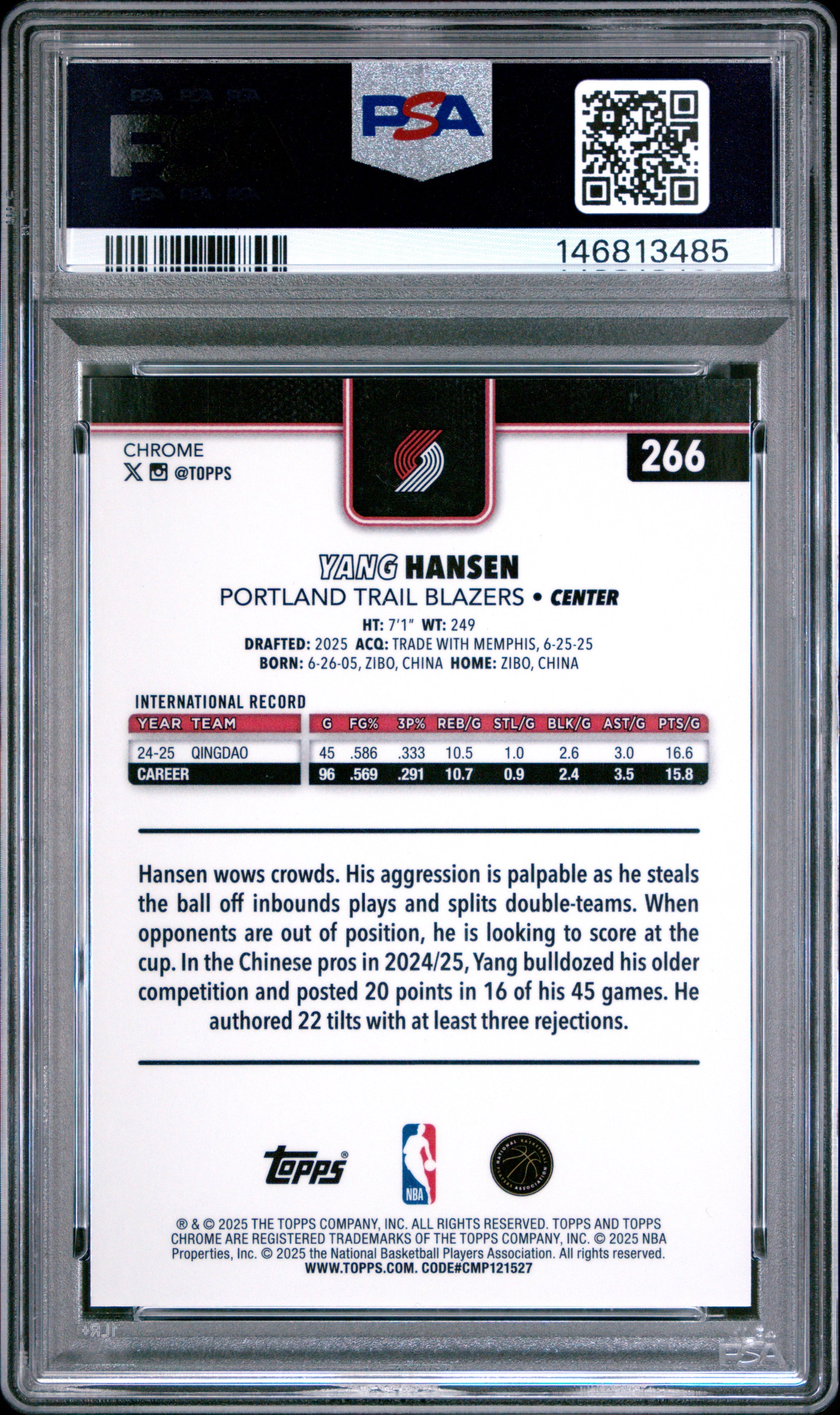 Yang Hansen 2025 Topps Chrome #266 Orange Basketball Refractor #16/25 PSA 9 Mint
