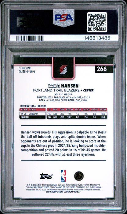 Yang Hansen 2025 Topps Chrome #266 Orange Basketball Refractor #16/25 PSA 9 Mint