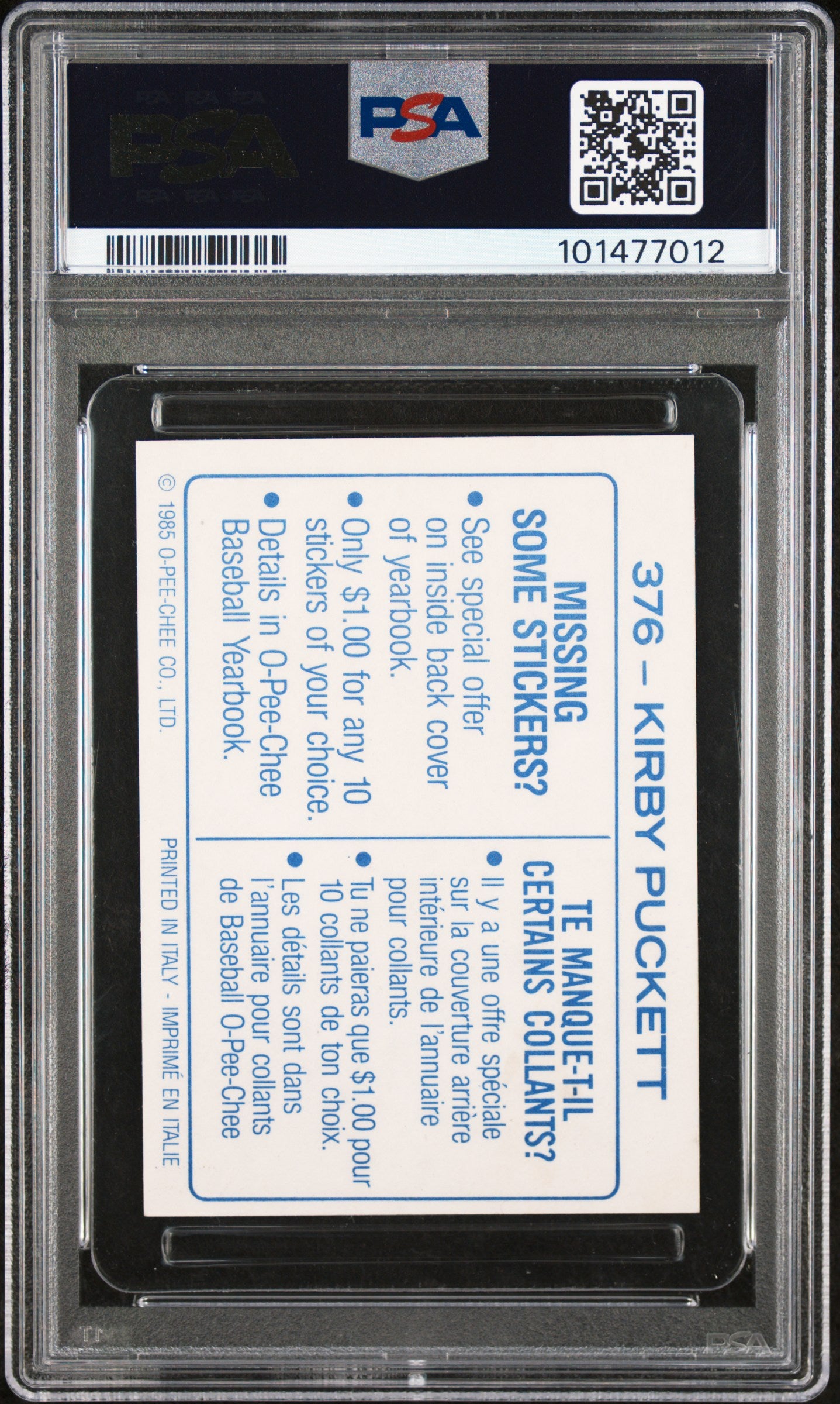 Kirby Puckett 1985 OPC Stickers Autograph PSA Auth