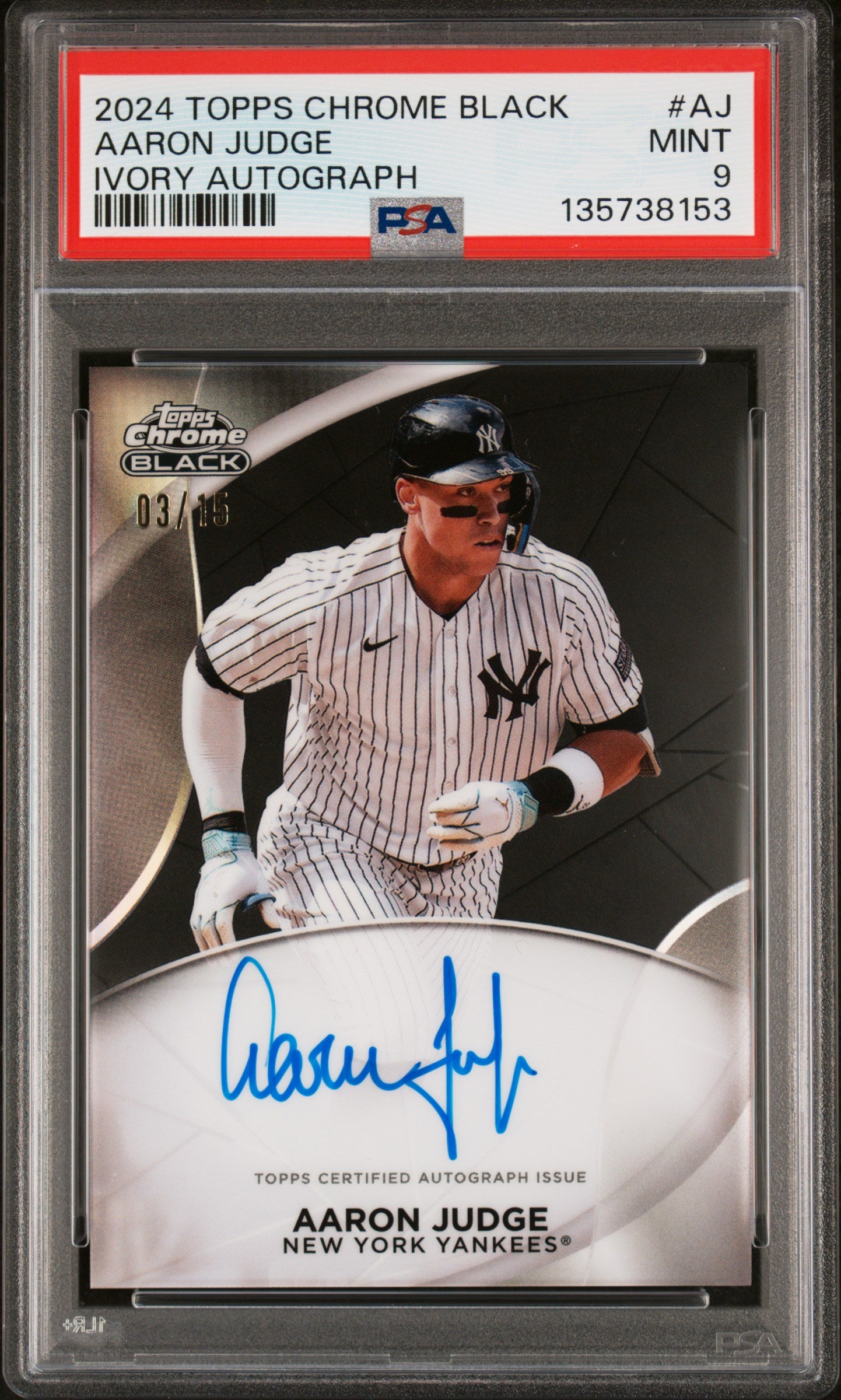 Aaron Judge 2024 Topps Chrome Black Ivory Autograph #3/75 PSA 9 Mint