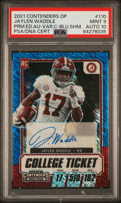 Jaylen Waddle 2021 Contender Draft Blue Shimmer Auto #21/27 PSA 9 Auto 10