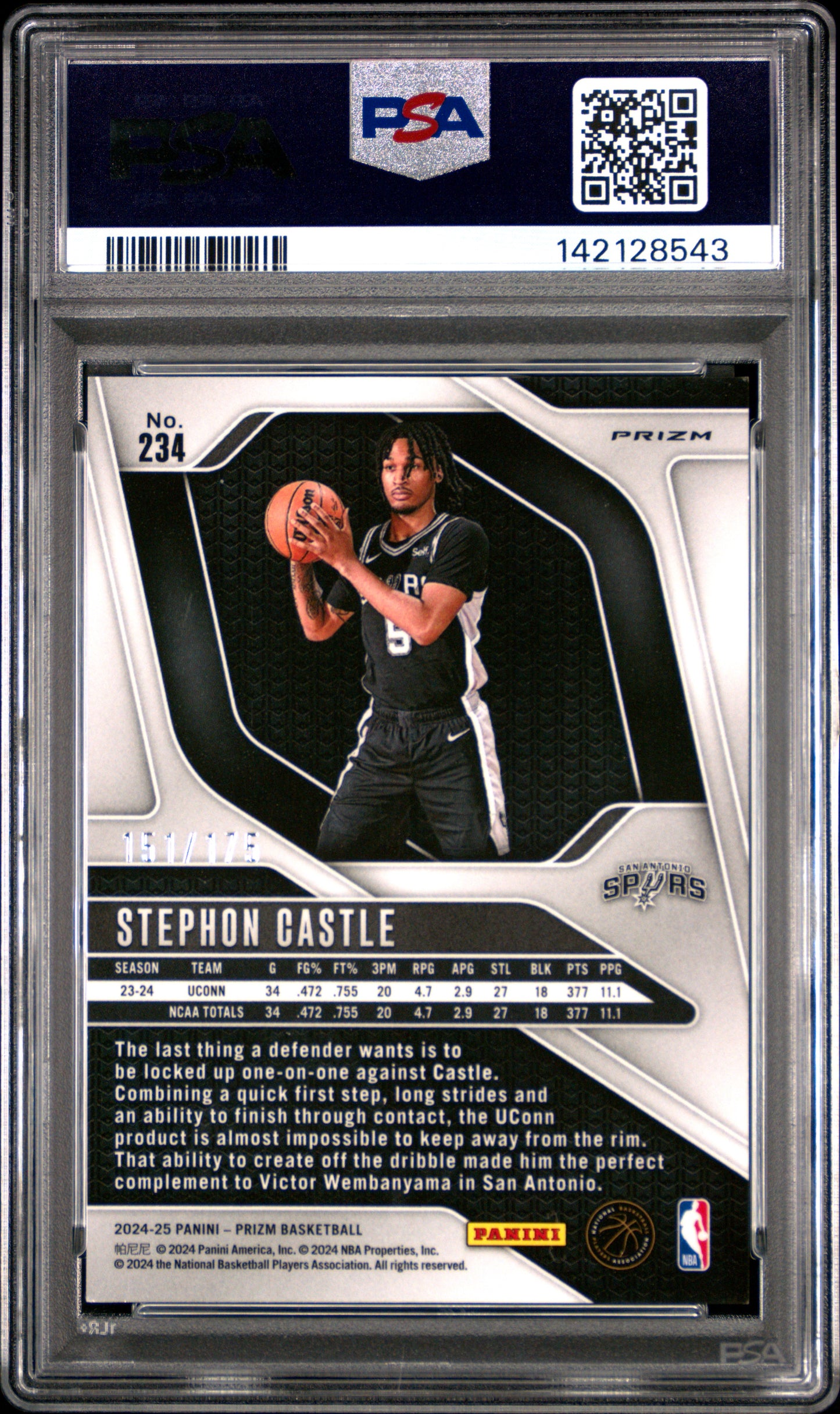 Stephon Castle 2024 Panini Prizm Rookie #234 White Prizm #151/175 PSA 9 Mint