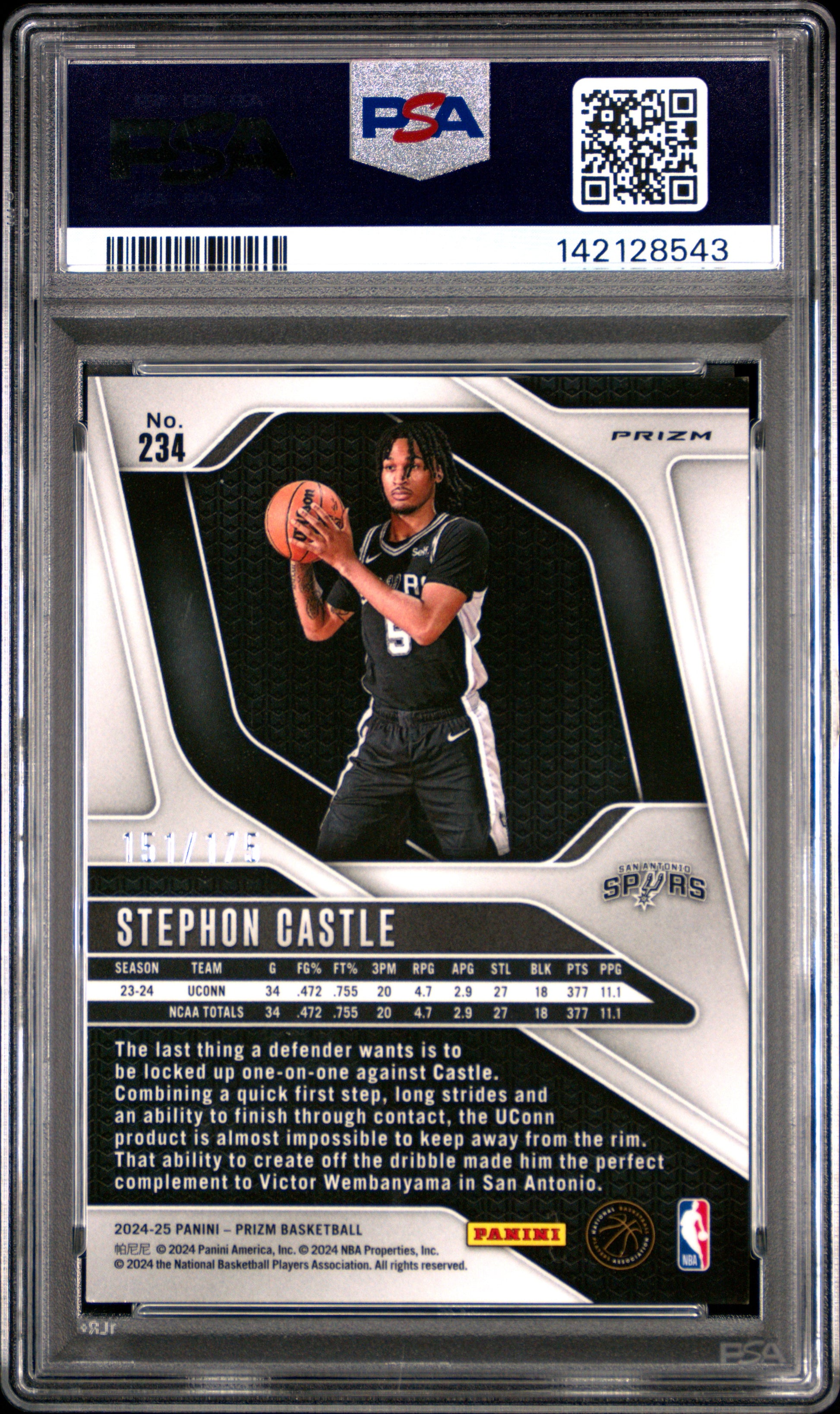 Stephon Castle 2024 Panini Prizm Rookie #234 White Prizm #151/175 PSA 9 Mint