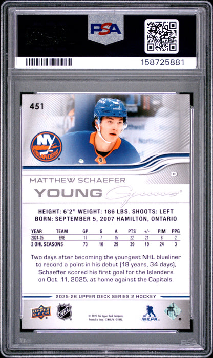 Matthew Schaefer 2025 Upper Deck Rookie #451 PSA 9 Mint 5881