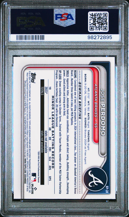 Jose Perdomo 2024 Bowman Chrome Yellow Refractor #54/75 PSA 10 Gem Mint