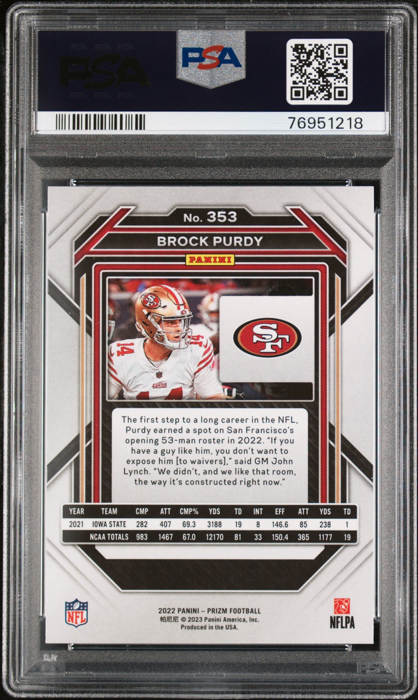 Brock Purdy 2022 Panini Prizm Rookie #353 PSA 10 Gem Mint 1218