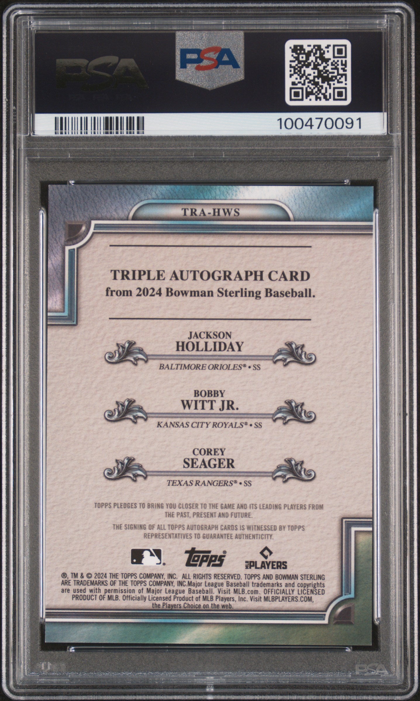 Jackson Holliday + Bobby Witt Jr + Corey Seager 2024 Bowman Sterling Triple Auto #7/10 PSA 8 Auto 10