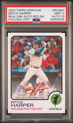 Bryce Harper 2022 Topps Heritage Real One Red Ink #57/73 PSA 9 Auto 10