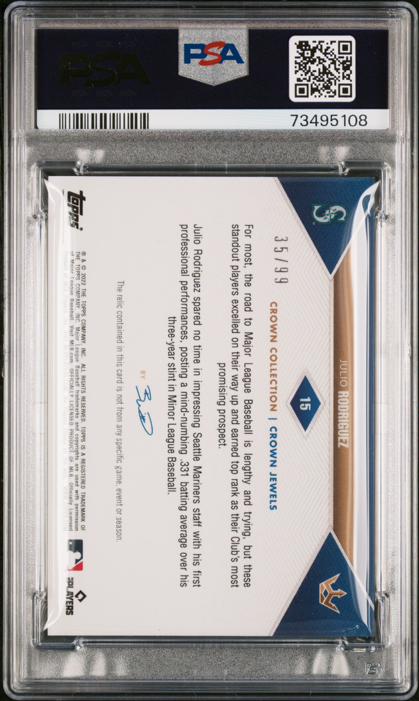 Julio Rodriguez 2022 Topps X Bobby Witt Jr. Jersey #35/99 PSA 10 Gem Mint