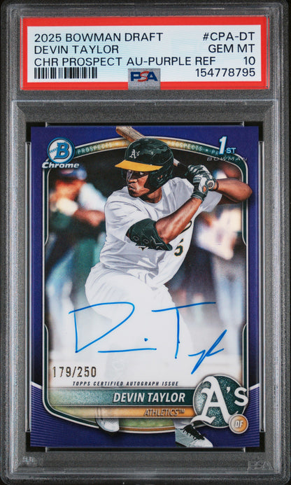 Devin Taylor 2025 Bowman Draft Purple Refractor Auto #179*/250 PSA 10 Gem Mint