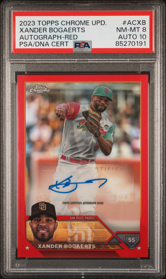 Xander Bogaerts 2023 Topps Chrome Update Red Auto #5/5 PSA 8 Auto 10