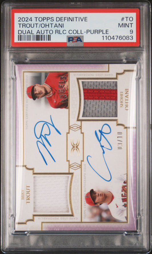Shohei Ohtani + Mike Trout 2024 Topps Definitive Dual Patch auto Purple #3/10 PSA 9 Mint