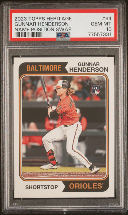 Gunnar Henderson 2023 Topps Heritage Rookie #84 Name Position Swap PSA 10 Gem Mint