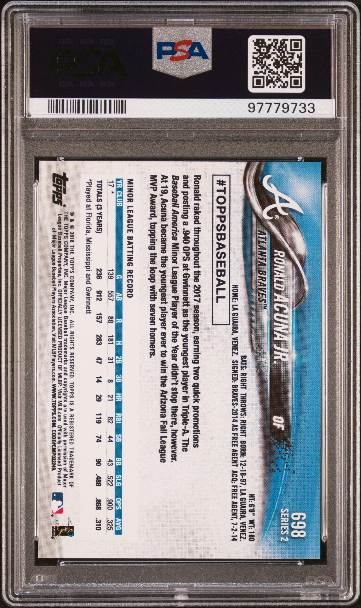 Ronald Acuna Jr. 2018 Topps #698 Bat Down PSA 9 Mint 9733