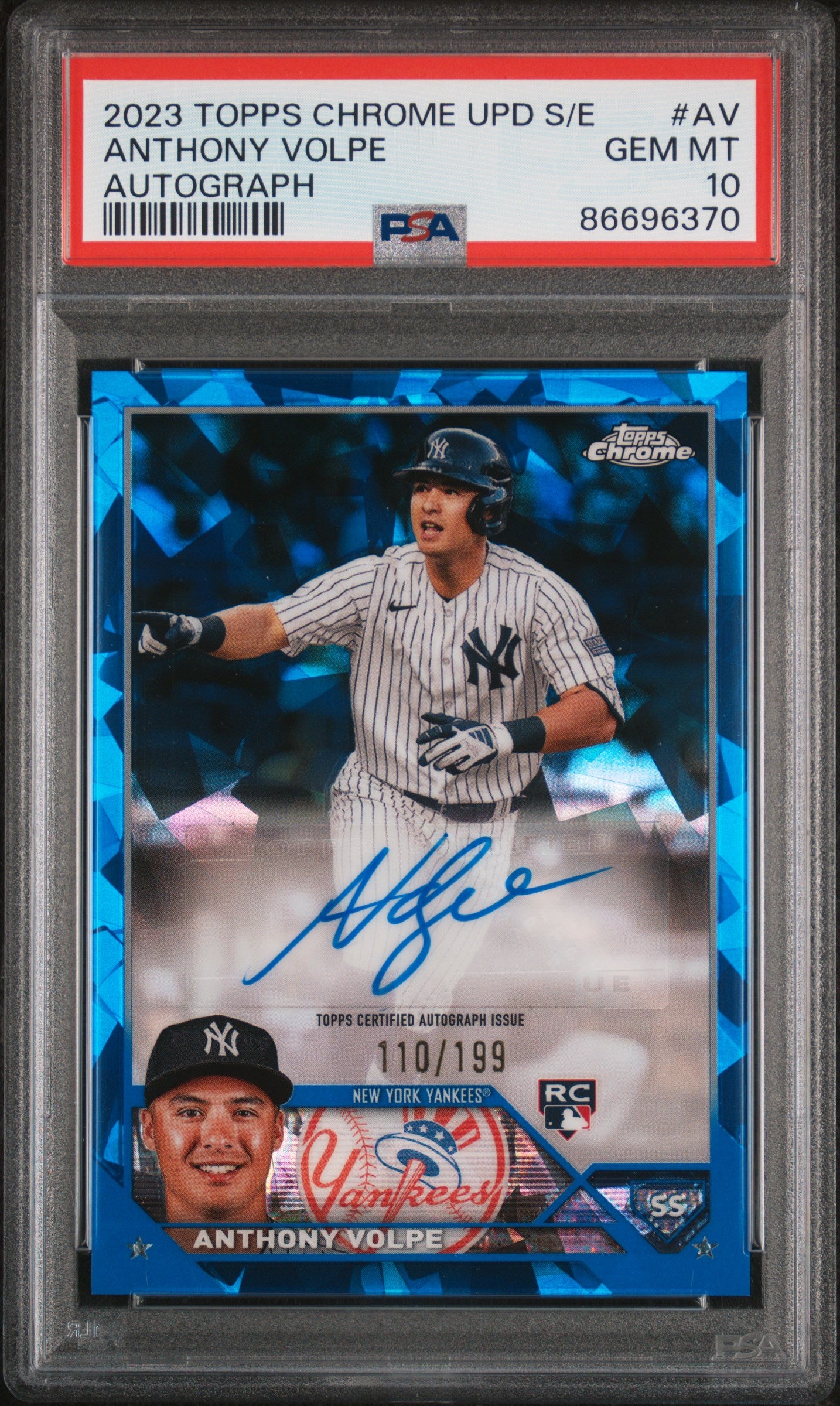 Anthony Volpe 2023 Topps Chrome Update Sapphire Auto #110/100 PSA 10 Gem Mint