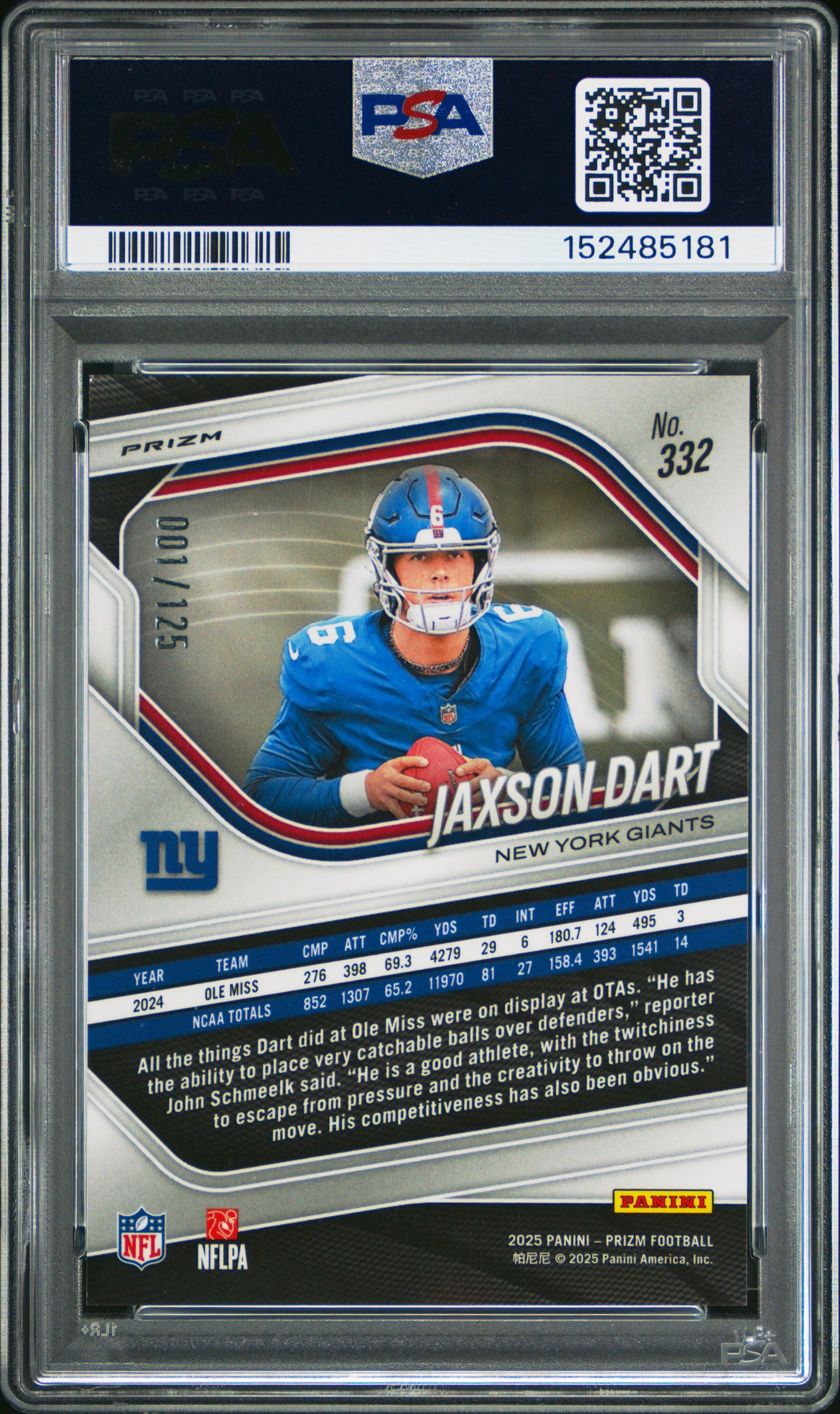 Jaxson Dart 2025 Panini Prizm Rookie #322 Purple Prizm #1/125 PSA 10 Gem Mint