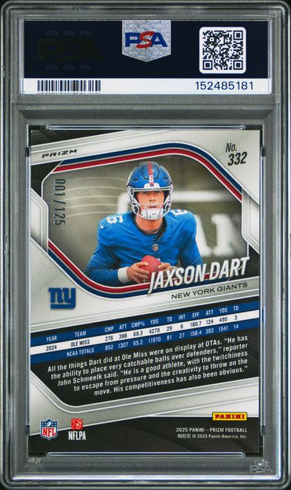 Jaxson Dart 2025 Panini Prizm Rookie #322 Purple Prizm #1/125 PSA 10 Gem Mint