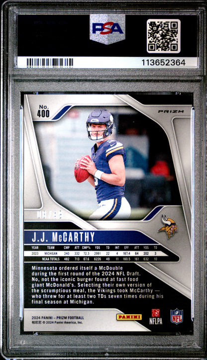 JJ McCarthy 2024 Panini Prizm Rookie #400 No Huddle Purple #8/49 PSA 8 Nm-Mint