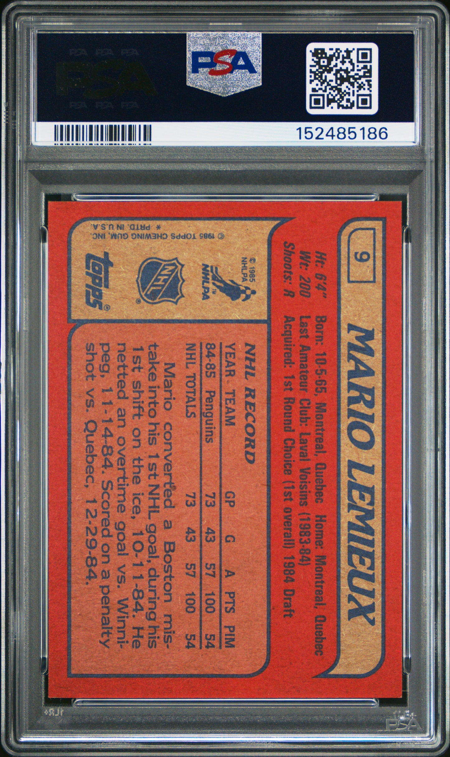 Mario Lemieux 1985 Topps Rookie #9 PSA 6 Ex-Mint 5186