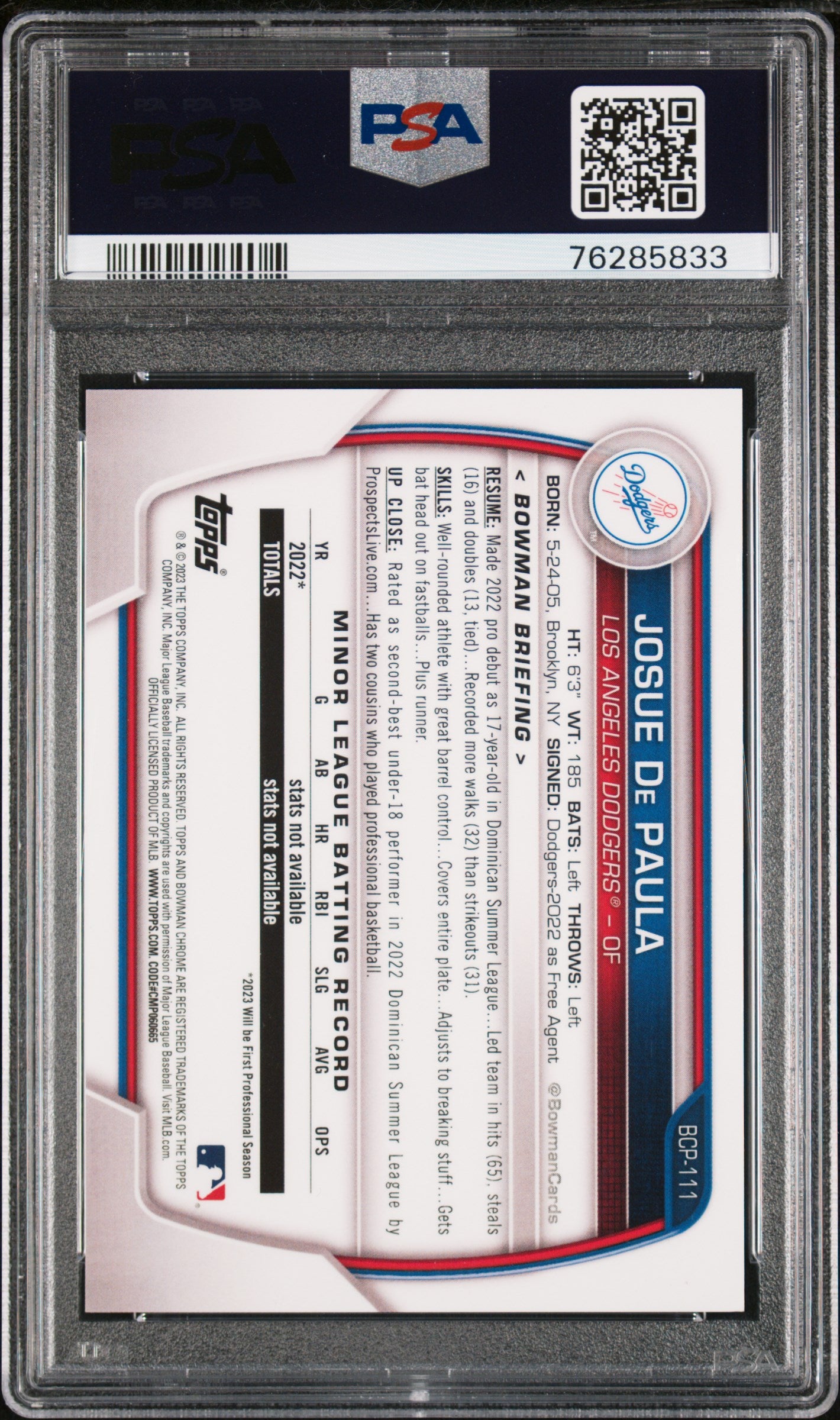 Josue de Paula 2023 Bowman Chrome Orange Shimmer #1/25 PSA 9 Mint