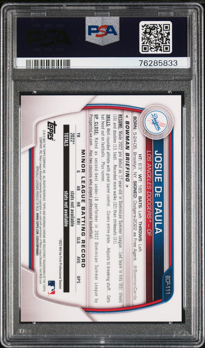 Josue de Paula 2023 Bowman Chrome Orange Shimmer #1/25 PSA 9 Mint