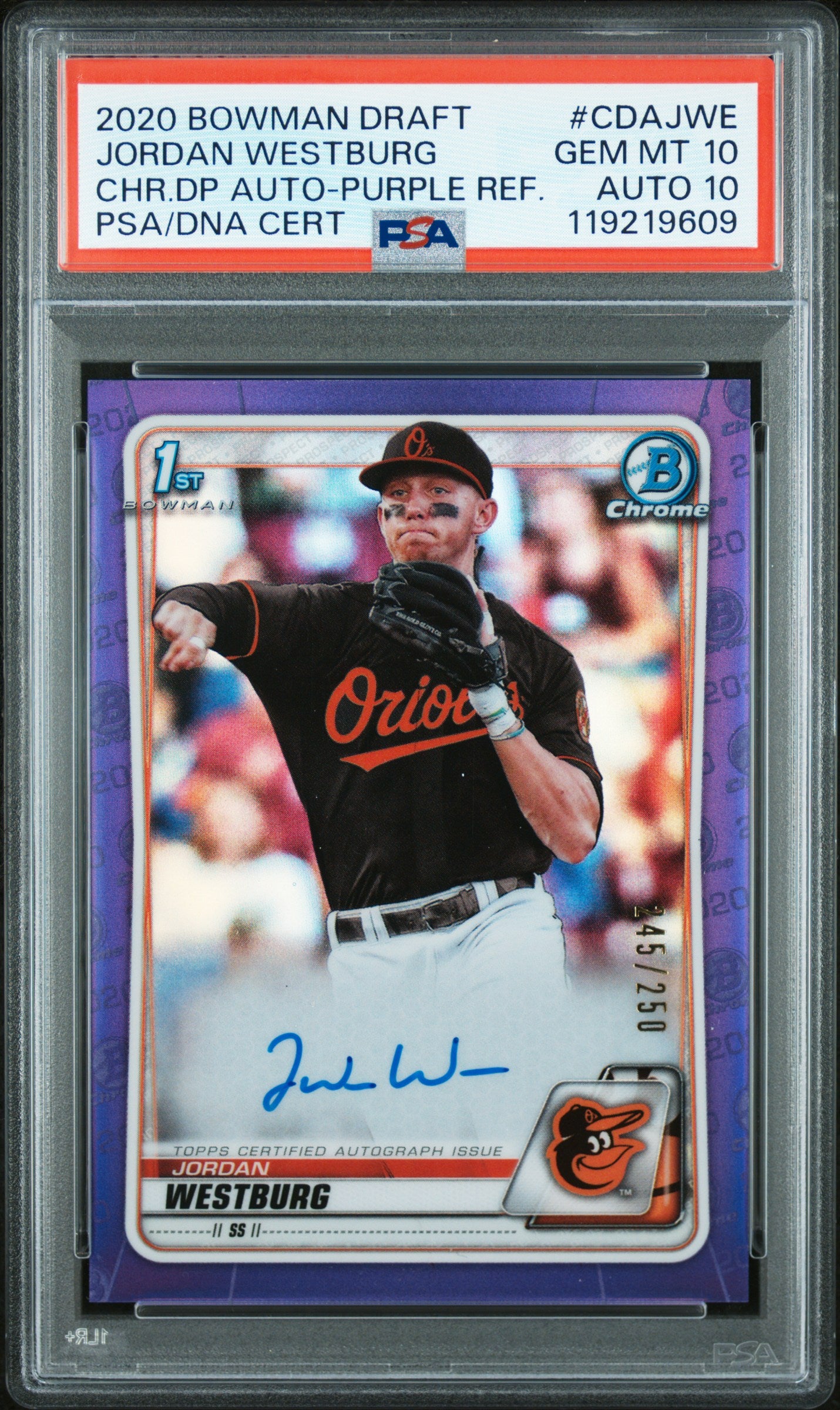 Jordan Westburg 2020 Bowman Chrome Draft Purple Refractor Auto #245/250 PSA 10 Auto 10