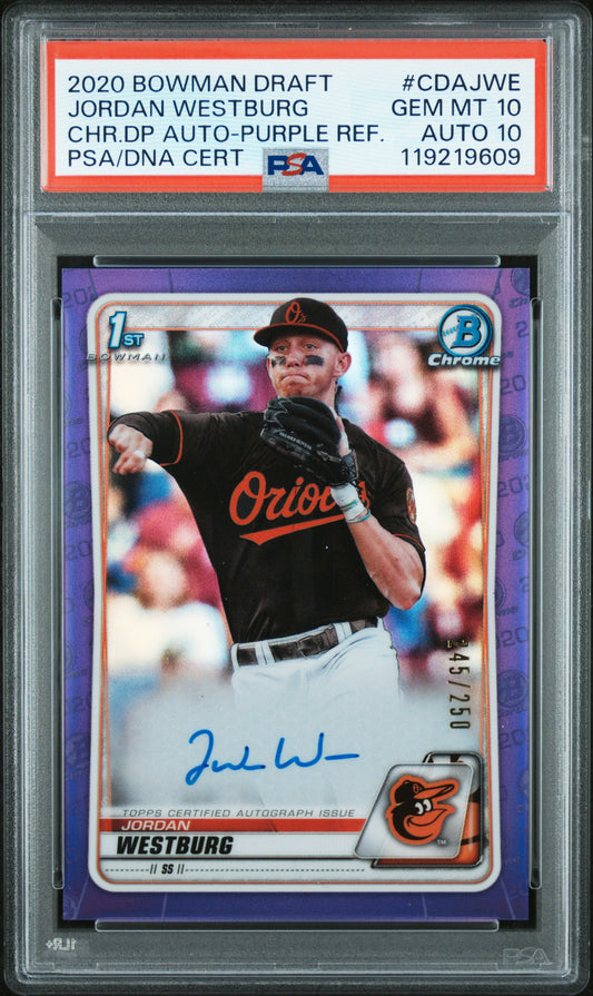 Jordan Westburg 2020 Bowman Chrome Draft Purple Refractor Auto #245/250 PSA 10 Auto 10