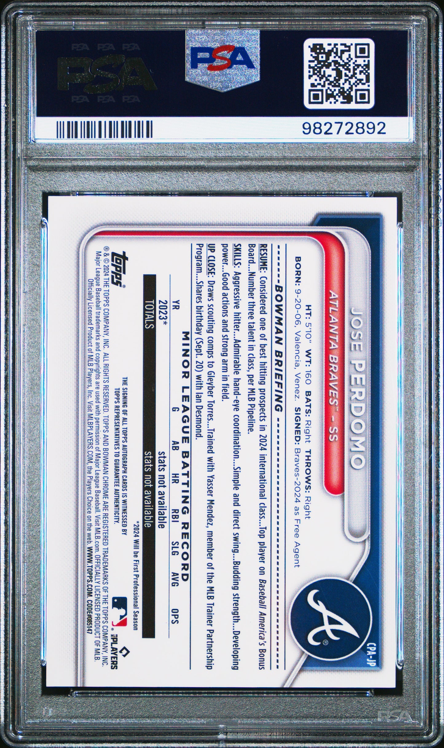 Jose Perdomo 2024 Bowman Chrome Auto Speckle Refractor #106/299 PSA 10 Gem Mint