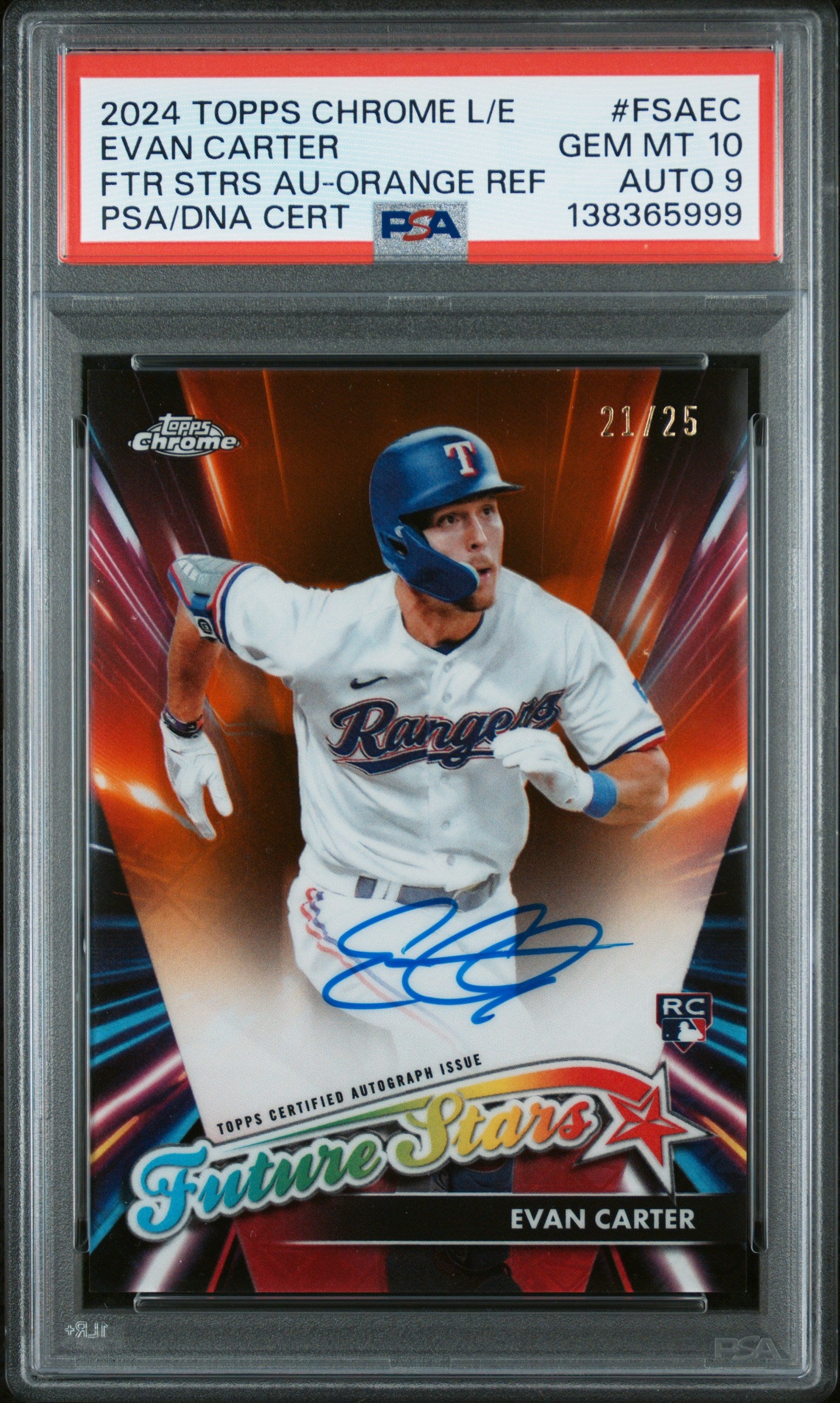 Evan Carter 2024 Topps Chrome Logofractor Future Stars Orange Auto #21/25 PSA 10 Auto 9