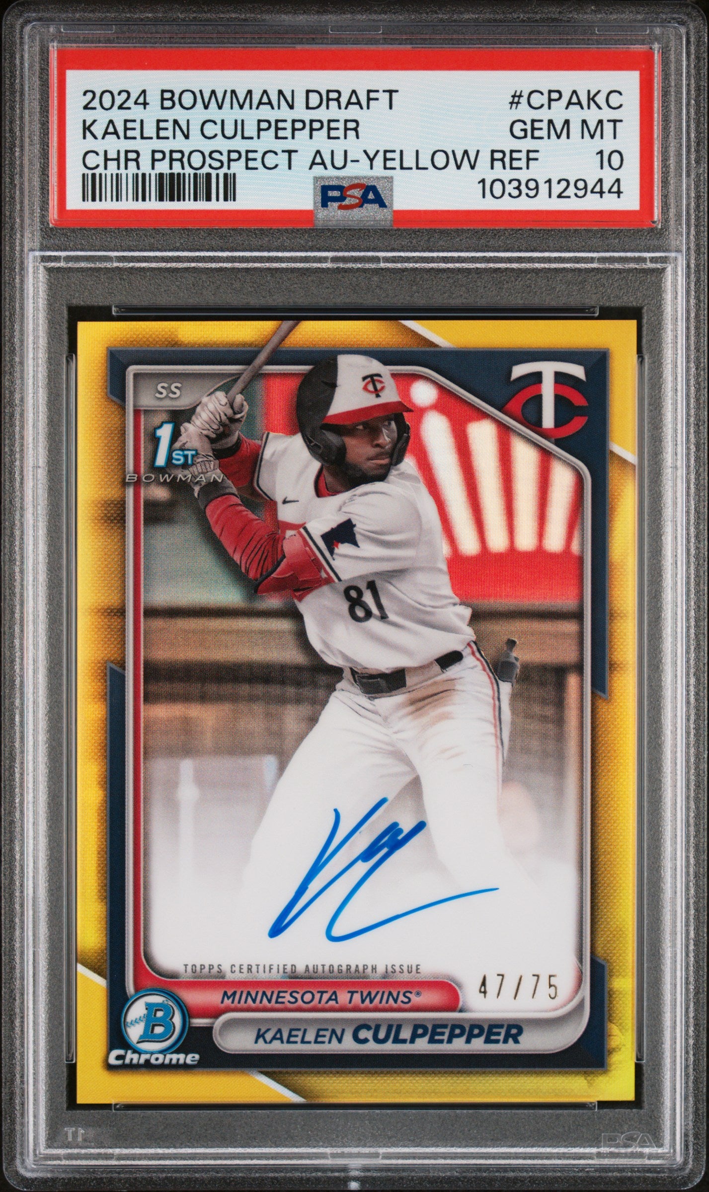 Kaelen Culpepper 2024 Bowman Draft Yellow Refractor Auto #47/75 PSA 10 Gem Mint