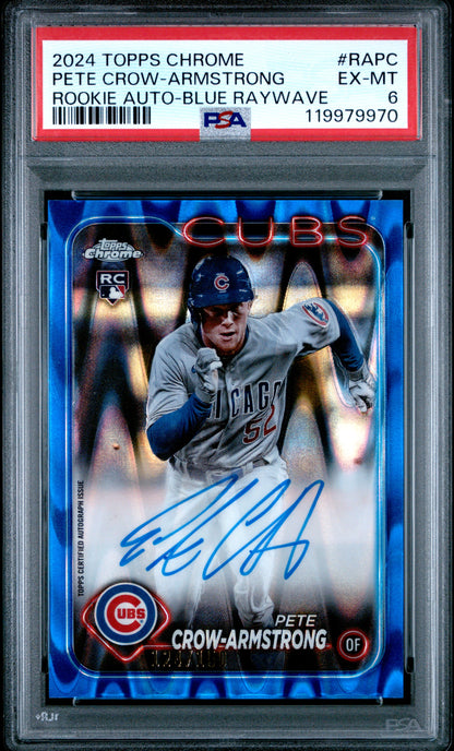 Pete Crow-Armstrong 2024 Topps Chrome Rookie Auto Blue Raywave #124/150 PSA 6 Ex-Mint