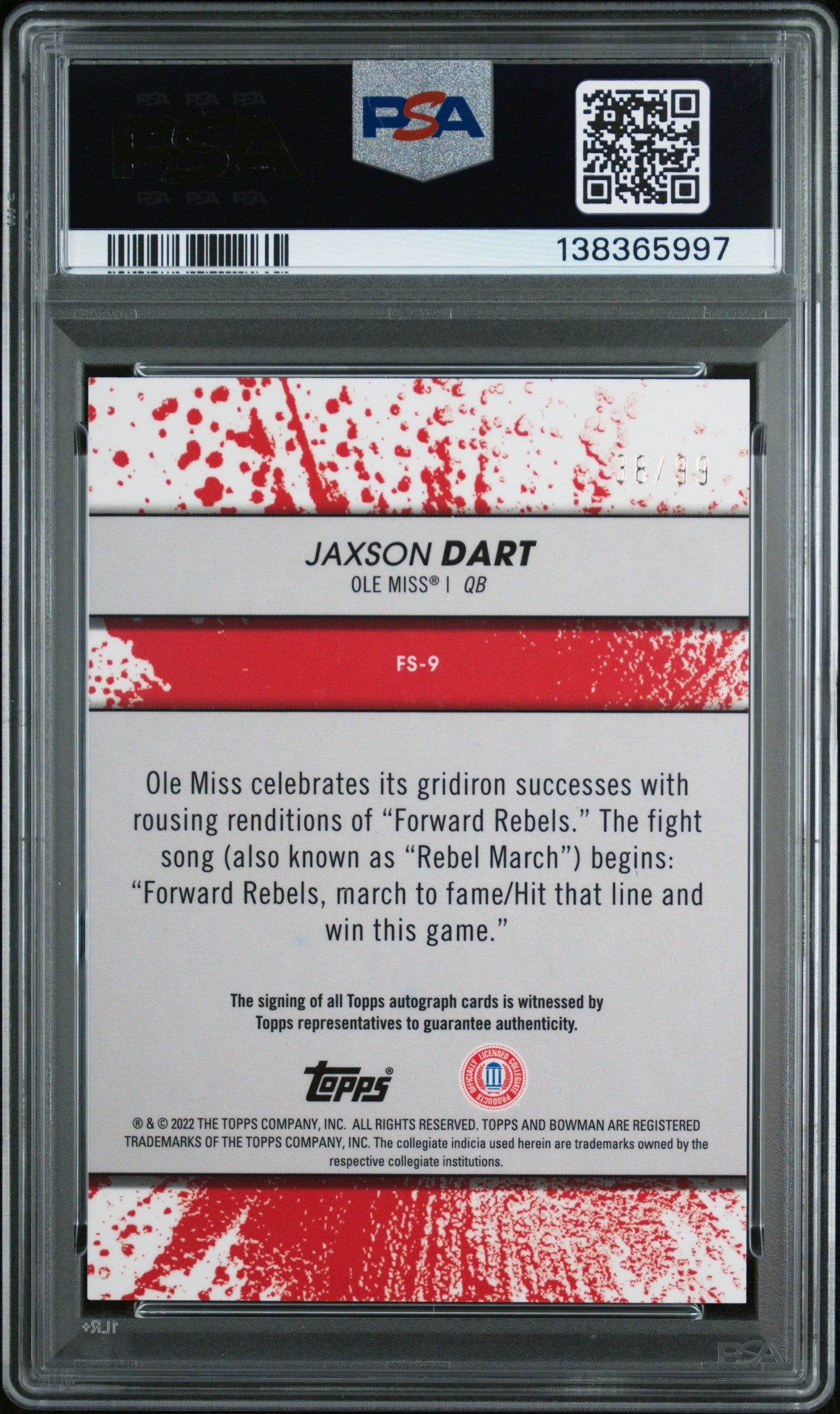 Jaxson Dart 2022 Bowmans Best U Fight Song Autograph #38/99 PSA 10 Auto 10