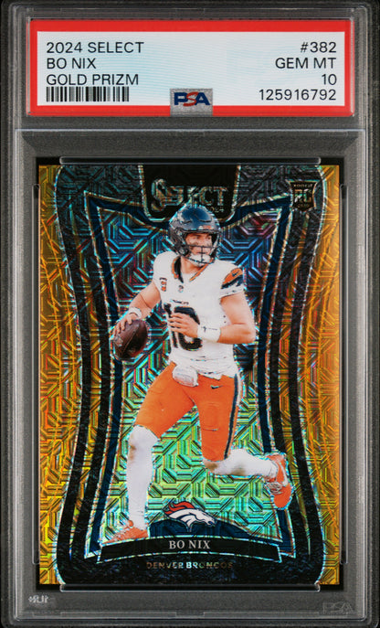 Bo Nix 2024 Panini Select Rookie #382 Gold Prizm #8/10 PSA 10 Gem Mint