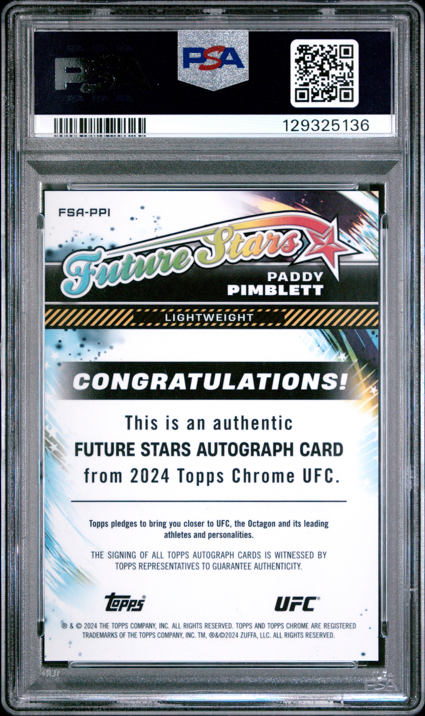 Paddy Pimblett 2024 Topps Chrome UFC Future Stars Autograph PSA 10 Gem Mint