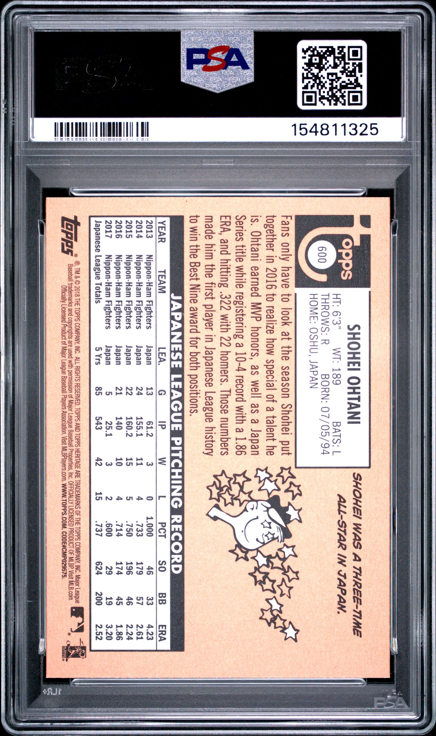 Shohei Ohtani 2018 Topps Heritage #600 Rookie PSA 10 Gem Mint 1325