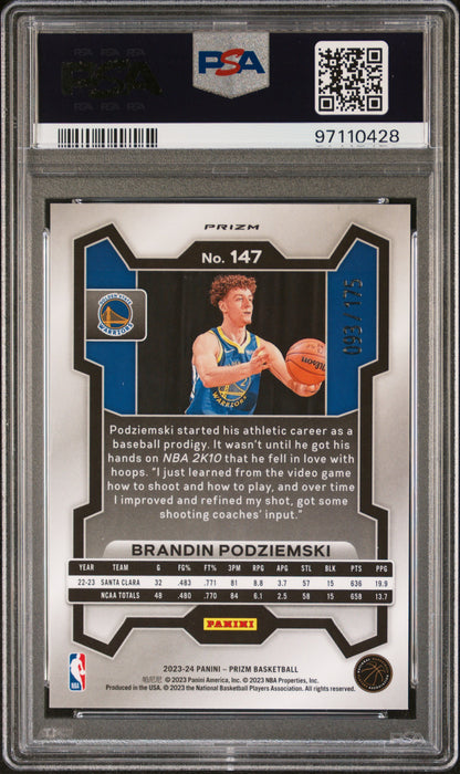 Brandon Podziemski 2023 Panini Prizm Rookie #147 White Prizm #93/175 PSA 10 Gem Mint