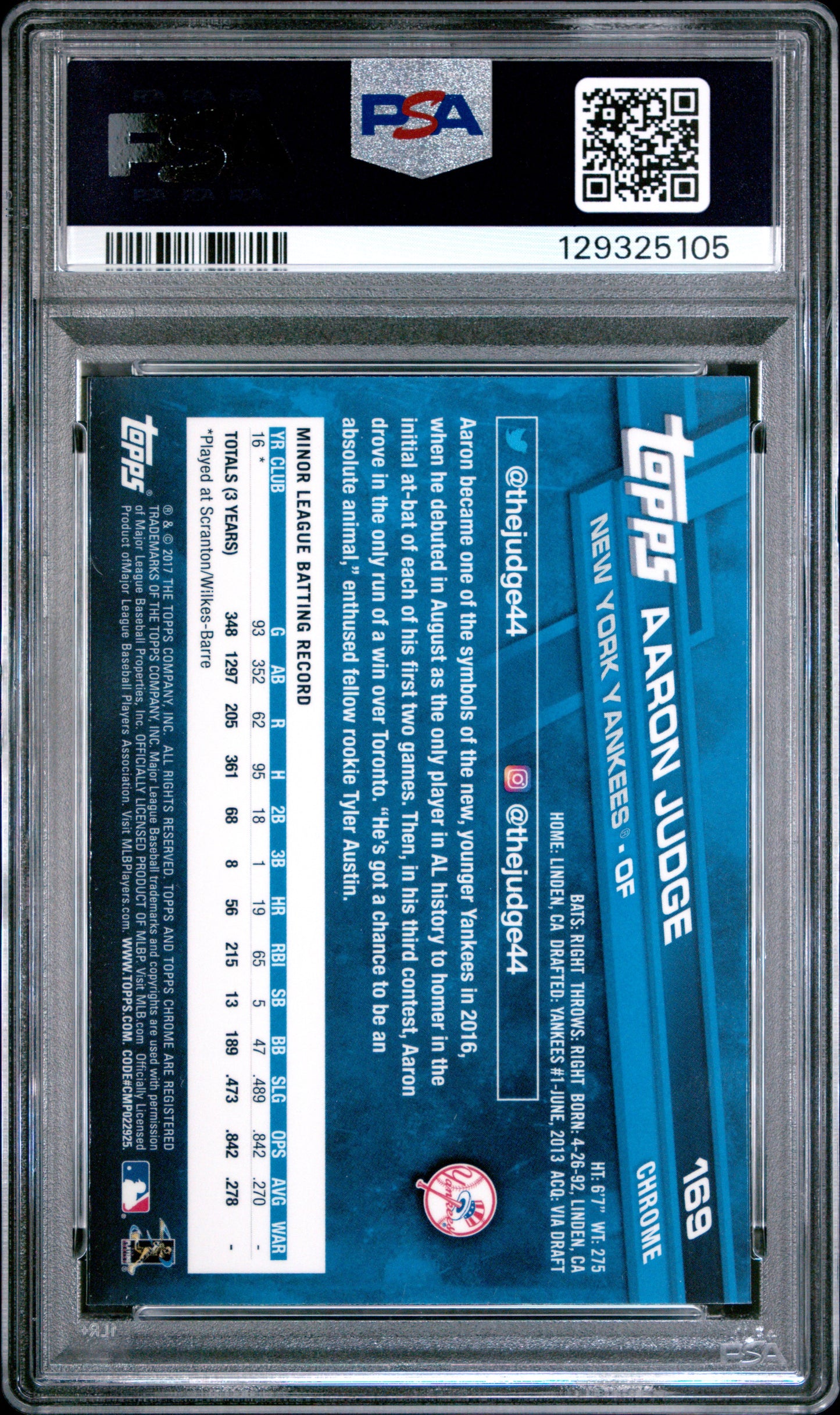 Aaron Judge 2017 Topps Chrome Rookie #169 PSA 10 Gem Mint 5105