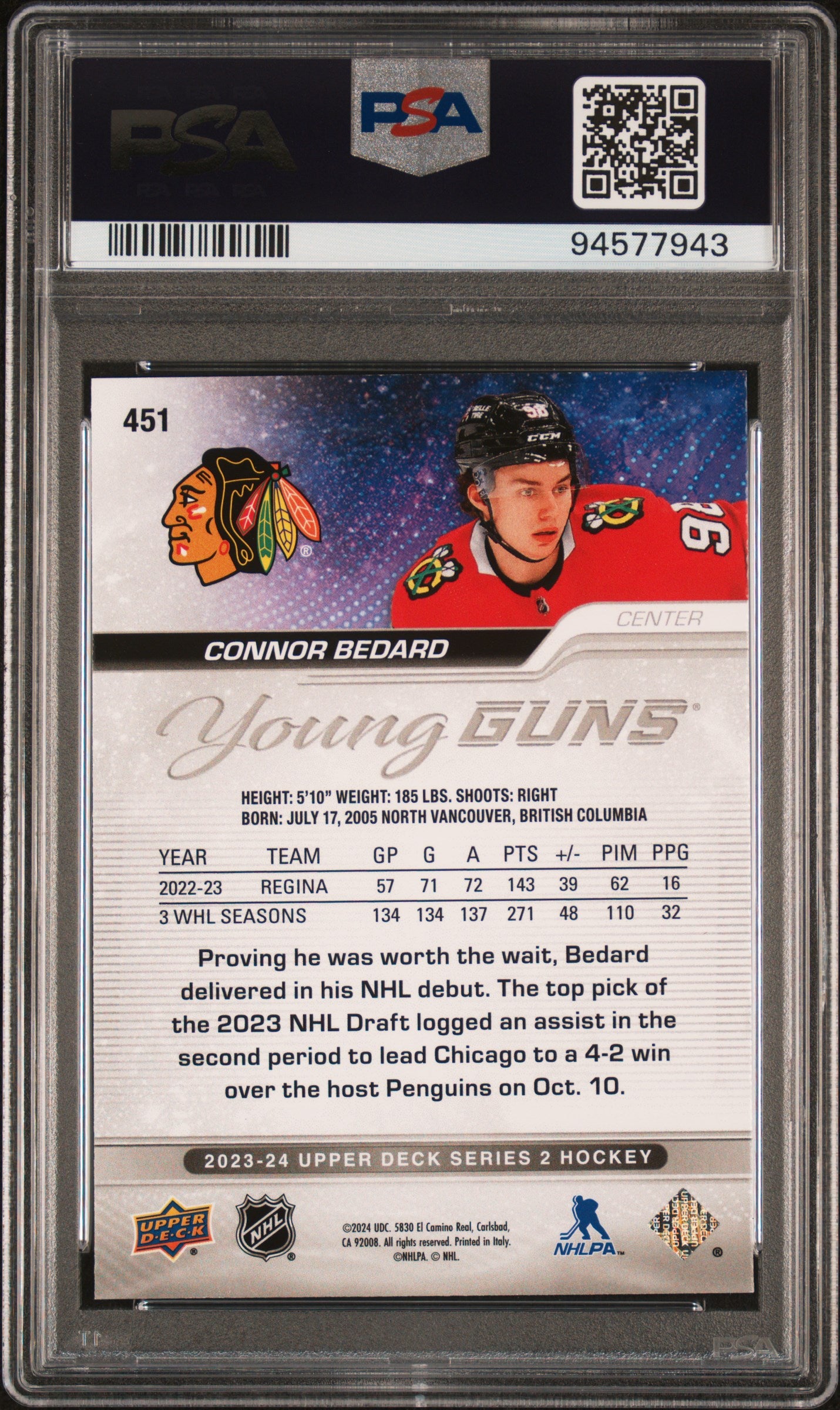 Connor Bedard 2003 Upper Deck #451 PSA 8.5 NM-MINT+ 7943