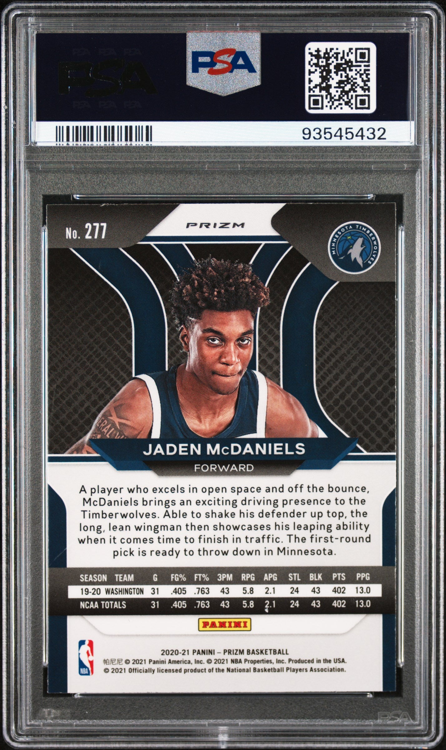 Jaden McDaniels 2020 Panini Prizm Rookie #277 Orange Ice PSA 10 Gem Mint 5432