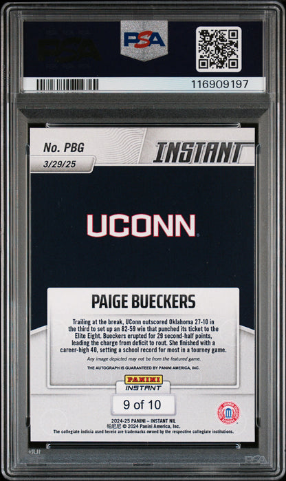 Paige Bueckers 2024 Panini Instant NIL National Champions Auto #9/10 PSA 10 Auto 10