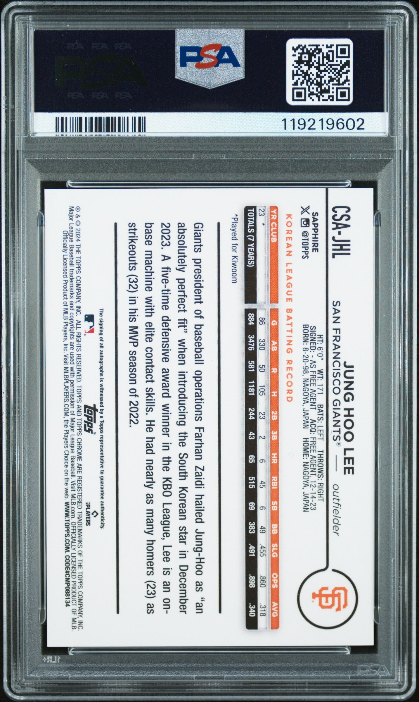 Jung-Hoo Lee 2024 Topps Sapphire Green Auto #44/99 PSA 10 Auto 10